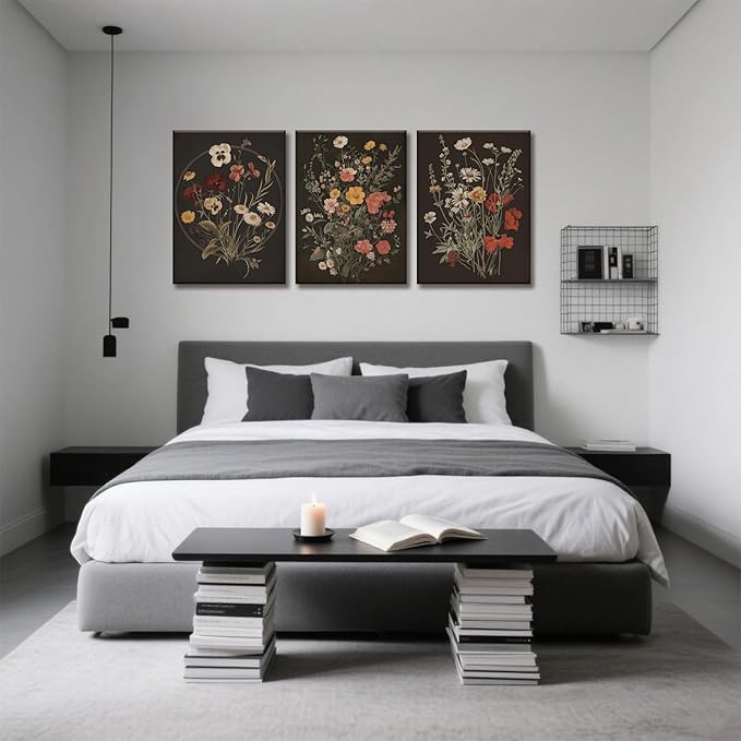 TUEASKY 3 Piece Canvas Wall Art Wildflower Wall Decor Botanical Pictures Floral Paintings Moody Framed Art Vintage Prints Dark Artwork