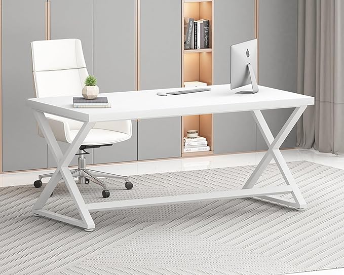 IBF White Computer Desk, Modern Home Office Desk for Writing Work Study, Simple Wooden Metal Pc Gaming Desk in Bedroom, Executive Laptop Workstation Computer Table, White Oak, 55 Inch