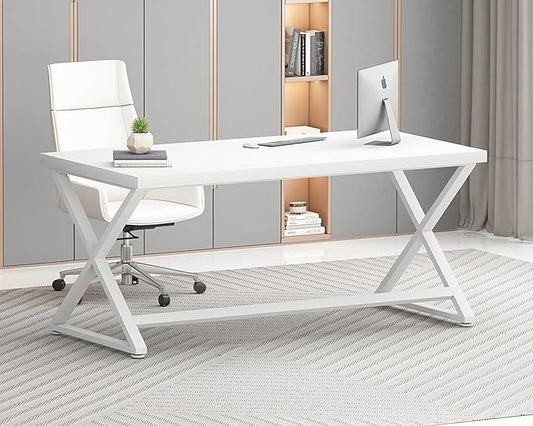 IBF White Computer Desk, Modern Home Office Desk for Writing Work Study, Simple Wooden Metal Pc Gaming Desk in Bedroom, Executive Laptop Workstation Computer Table, White Oak, 55 Inch