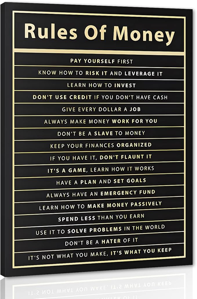 Motivational Wall Art for Office - Rules of Money Inspirational Quotes, Framed Financial Success Canvas Print, Modern Entrepreneur Decor Easy to Hang (18x24 Inches)