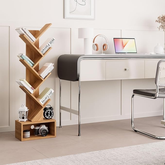 YMYNY 6 Tier Tree Bookshelf, Tall Bookcase, Wood Book Storage Rack with Drawer, Modern Floor Standing Book Shelf for Books/Movies/CDs, Utility Organizer for Living Room,Light Oak UHBC016K
