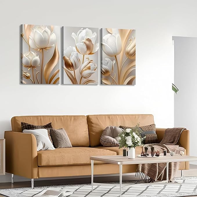 3Pcs Vintage Minimalist Floral Canvas Wall Art White Gold Abstract flowers Wall Decor Pictures Modern Luxury Prints tulip Plants Painting Artwork for Office Home Decoration 12x16in
