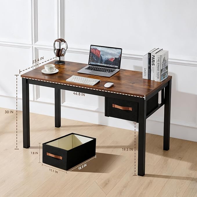 Computer Desk with Drawer, 47 Inch Home Office Work Desks, Modern Writing Study PC Desk Gaming Table for Small Place Bedroom, Thickened Tabletop and Stable Metal Frame Leg（Rustic Brown）