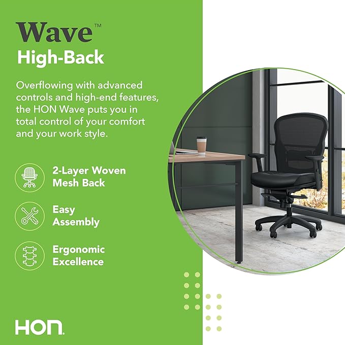 HON Wave High Back Leather Ergonomic Office Chair Lumbar Support with Adjustable Arms, Breathable Mesh Ergonomic Desk Seat for Computers, Office, 360° Swivel Synchro-Tilt, Black