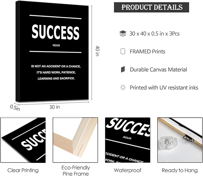 LMGOV Motivational Wall Decor, SUCCESS Office Wall Art for Men, Inspirational Canvas Painting for Bedroom, Black and White Poster for Bathroom, Home Office, Dorm, Gym