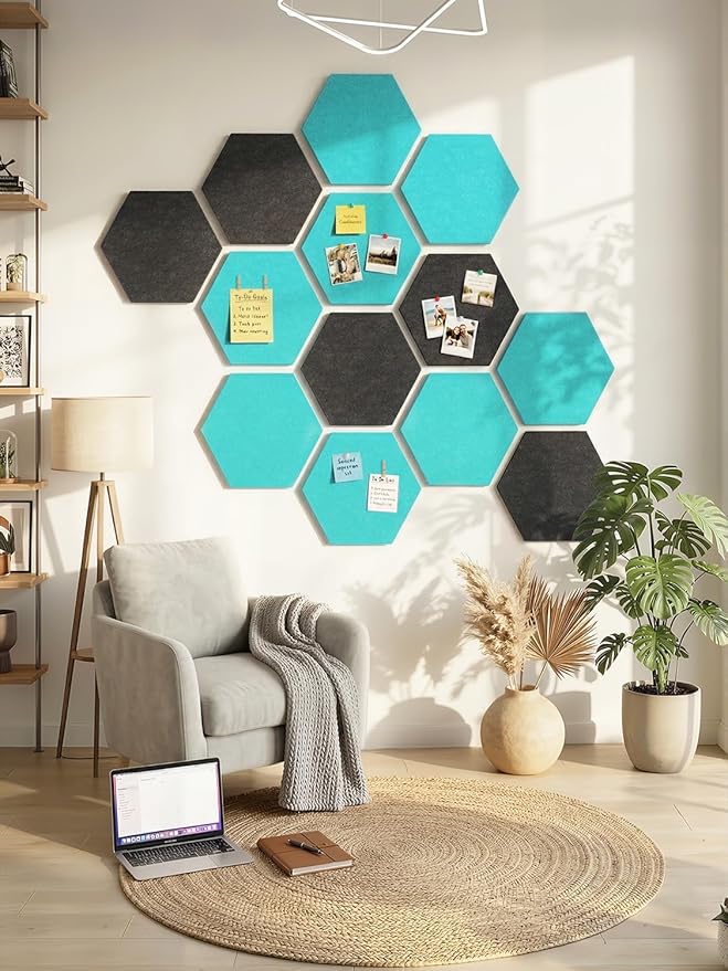 8 Pack Hexagon Felt Bulletin Board Tiles - 11.8" Large Thick Pin Board for Walls with 30 Push Pins, DIY Boards for Office Home School Decor, Aesthetic Hex Cork Board Alternative