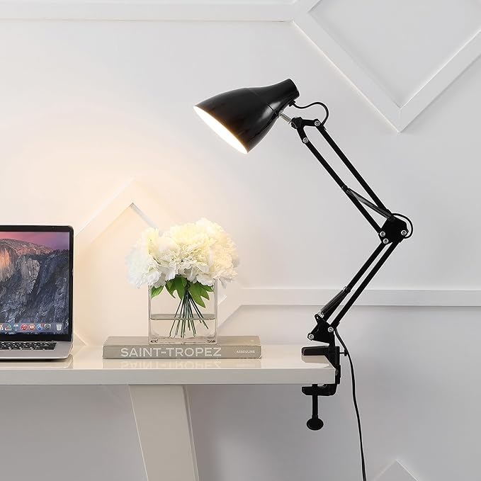 JONATHAN Y 28.5" Black Odile Industrial Adjustable Clamp-On LED Task Lamp with Metal Shade, Vintage Articulated Desk Lamp for Home Office Studio, LED Bulb Included JYL7125A