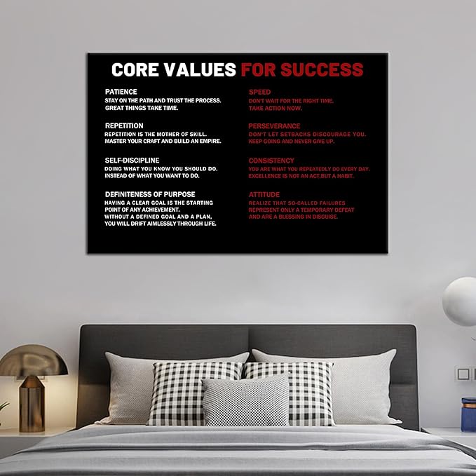 Inspirational Wall Art Core Values for Success Motivational Poster Print Black and White Positive Painting Artwork Framed for Living Room Office Gym Wall Decor Ready to Hang [36''Wx24''H]