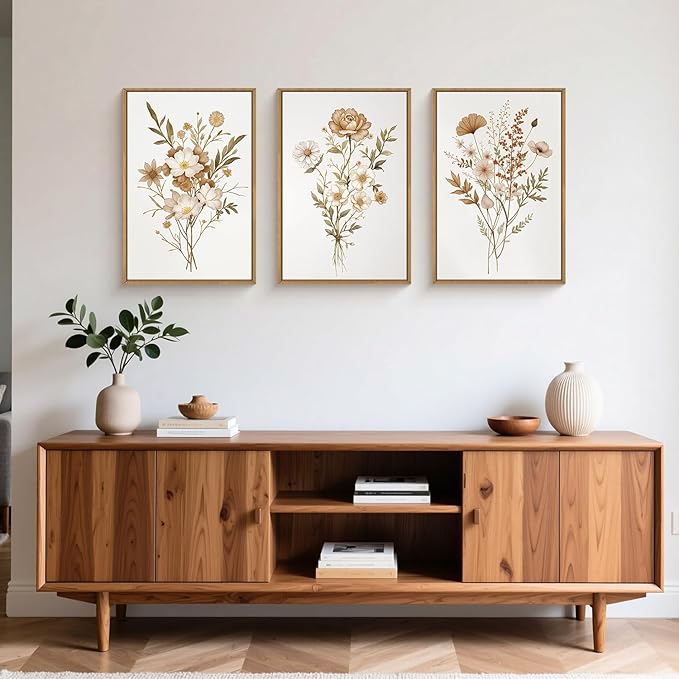 KAIRNE Neutral Boho Floral Wall Art Set of 3, Framed Vintage Botanical Flower Prints, Minimalist Wildflower Canvas Artwork, Modern Farmhouse Decor for Living Room Bedroom Office, 24×36inch