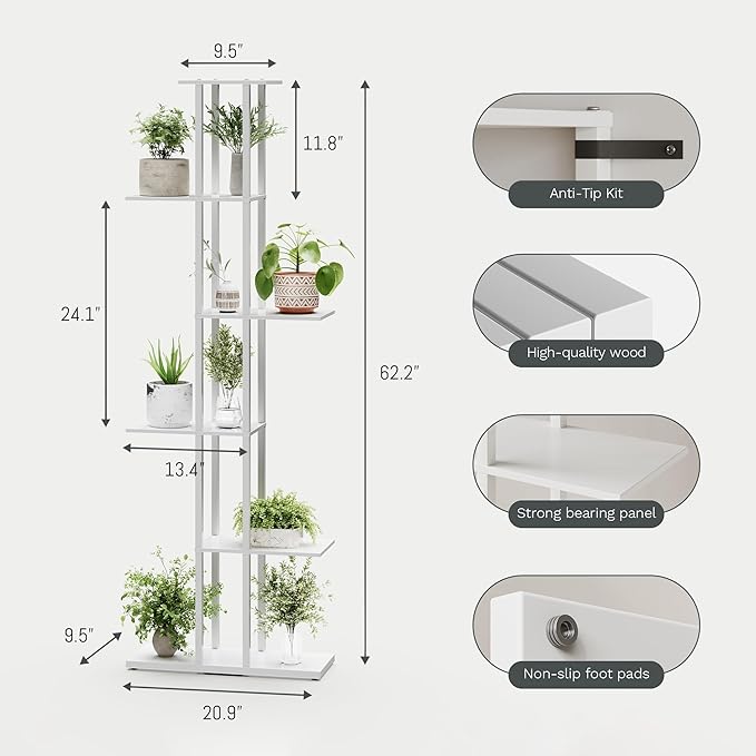 6 Tier Corner Bookshelf，Slim Open Bookshelf，Small Book Shelf for Small Spaces，Living Room, Home Office, 9.45 x 20.8 x 62.2 Inches,（1PC+White
