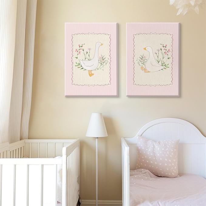 Vintage Nursery Wall Art Silly Goose Canvas Poster Pink Coquette Wall Decor Girls Room Pictures Baby Kids Poster Cute Animal Prints Floral Painting Artwork for Gallery Bedroom 16x24 Inch Ready to Hang