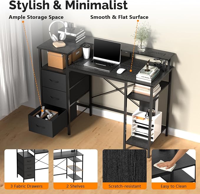 VINGLI 47 Inch L-Shaped Computer Desk, Small Computer Gaming Desk with Fabric Drawers & Storage Shelves, Charging Station, Monitor Stand for Home, Office, Black