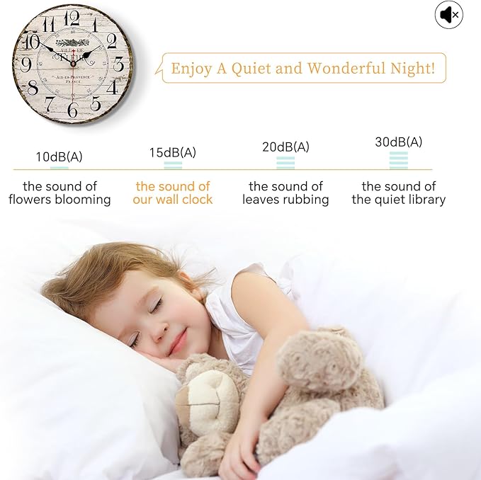 14 Inch Retro Vintage French Country Style Round Wooden Wall Clock Silent Battery Operated Non-Ticking Decorative Clock for Kitchen Farmhouse Bedroom Home Wall