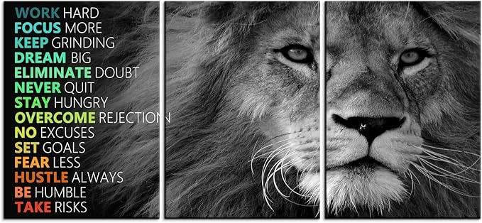 Motivational Canvas Wall Art Lion 3 Pieces Poster Inspirational Positive Wall Art Quotes Success Canvas Artwork Picture Print Framed for Home Office Living Room Gym Wall Decor [60''Wx 28''H]