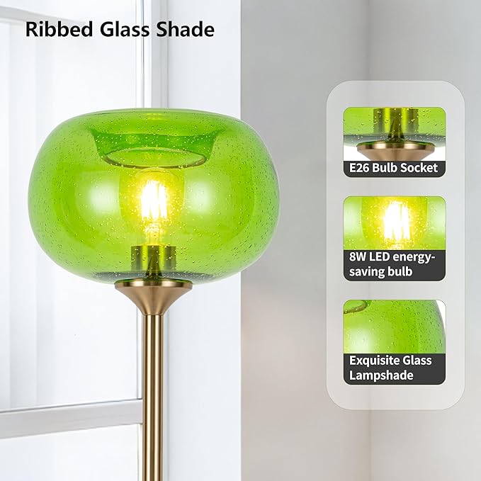 MAYNA Globe Floor Lamp, Emerald Green Round Glass Standing Lamp with Built-in Timer Switch, Gold Tall Vintage Lamps for Living Room Bedroom, 2700K LED Bulb Included