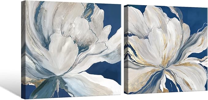 Goldfoilart Indigo Blue Flower Wall Art for Living Room White Floral Canvas Pictures Modern Paintings Framed Artwork Prints for Bedroom Dining Room Office Wall Decor 24"x24"x2pcs