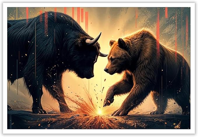 Trendy Bull And Bear Confrontation Wall Art Funny Bull And Bear Stock Market Canvas Posters Funny Animal Prints Painting For Office Living Room Wall Decor 12x16in Unframed
