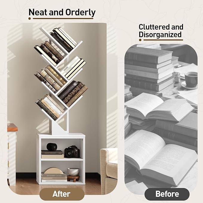 Tree Bookshelf, 6 Tier Bookcase with 2 Storage Racks, Free Standing Wooden Bookcase, Floor Standing Book Shelf Organizer for Living Room, Bedroom, Study, Home Office, White