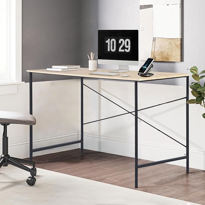 FurnitureR 47.2" Home Office Writing Desk - Simple Computer Desk with Sturdy Metal Legs, Compact Study Table for Small Spaces, Student Laptop Workstation, Oak