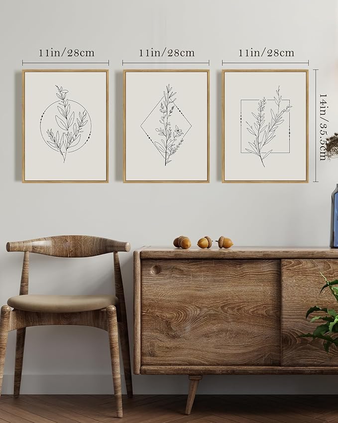 Drsoum Minimalist Flower Wall Art Vintage Wall Hanging Decor Black Line Botanical Prints Artwork for Office Dining Room Hallway 11x14in Natural Framed