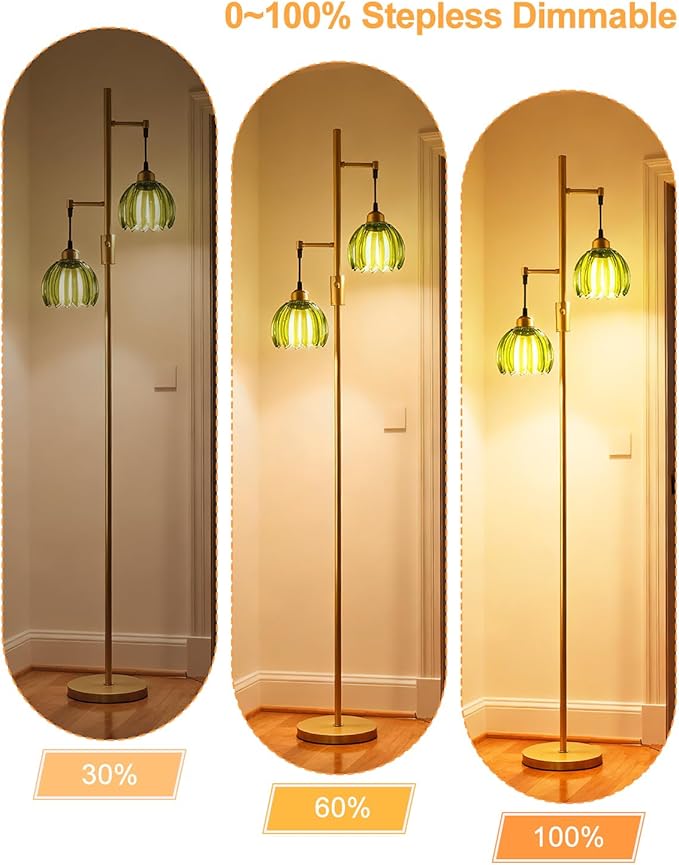 Lightdot 65IN 2-Light Glass Floor Lamp for Living Room, Dimmable Gold Floor Lamps with Emerald Green Glass Floral Shade& Bulb Included, Modern Standing Tall Lamp for Bedroom/Sofa Beside/Corner Decor