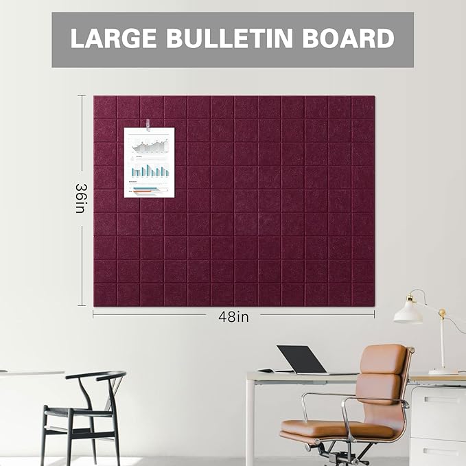 Large Cork Board, 12 Pack Felt Wall Tiles with Safe Removable Adhesive, Bulletin Board for Office, Pin Tack Corkboard for Quilting Design & Dart Wall Protector 48" x 36" - Fuchsia