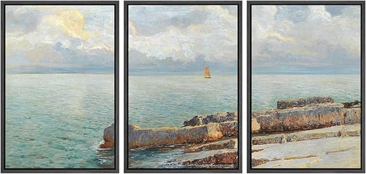 SIGNWIN Framed Canvas Print Wall Art Set Coastal Seascape Classic Ocean View with Sailboat and Rocky Shoreline Illustrations Modern Art Decorative for Living Room, Bedroom, Office - 24"x36"x3 Black