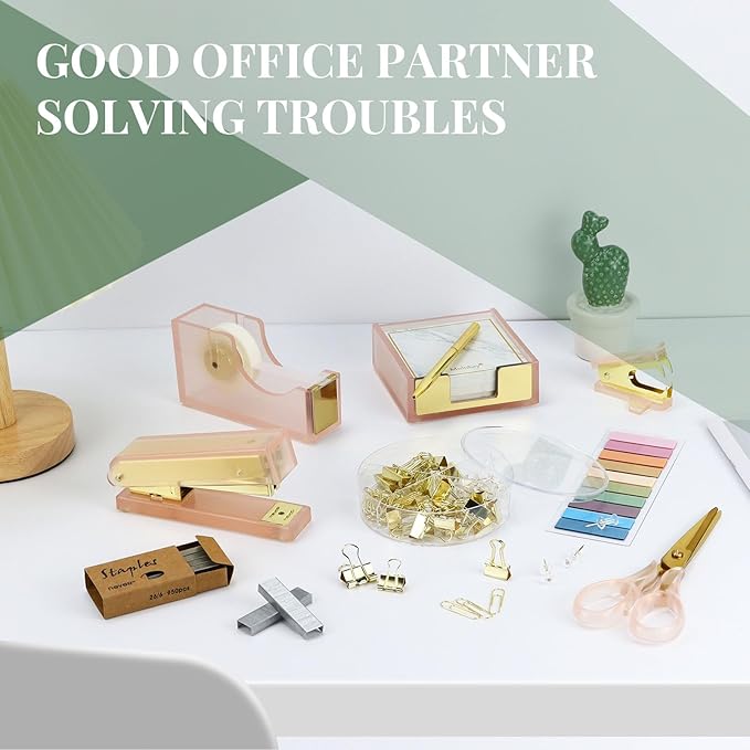 MultiBey Pink Gold Acrylic Sticky Notes Holder Stapler and Tape Dispenser Cutter with Sticky Notes, 950 Staples & Tape, Staple Remover, Scissor, Ballpoint Pen, Paper Clips Set for Women Office Home