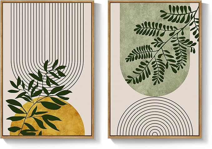 Framed Green Boho Wall Art Set of 2 for Living Room, Large Abstract Bohemian Geometric Botanical Artwork for Walls, Mid Century Modern Canvas Painting Print Wall Decor for Bedroom Office, 20x30 Inch