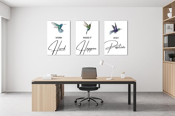SHMAO 3 Piece Office Canvas Wall Art, Hummingbird Motivational Quotes Canvas Print Pictures Wall Decor for Office, Men Women Inspirational Framed Artwork Home Office Decor 20''x30'' x 3 Pcs