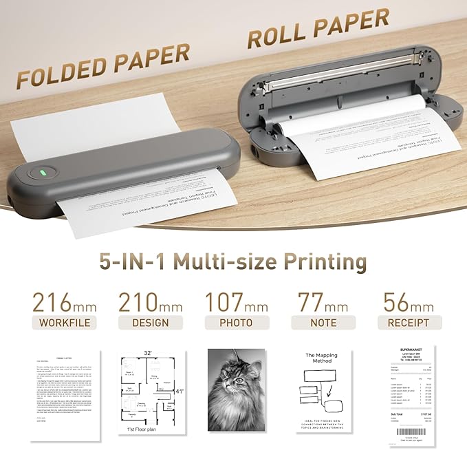 Bisofice A4 Portable Thermal Printer Wireless&USB Connect with Mobile Computer 50mm/56mm/77mm/107mm/210mm/216mm(2in/3in/4in/8in/8.5in) US Letter A5 Paper Size for Office School
