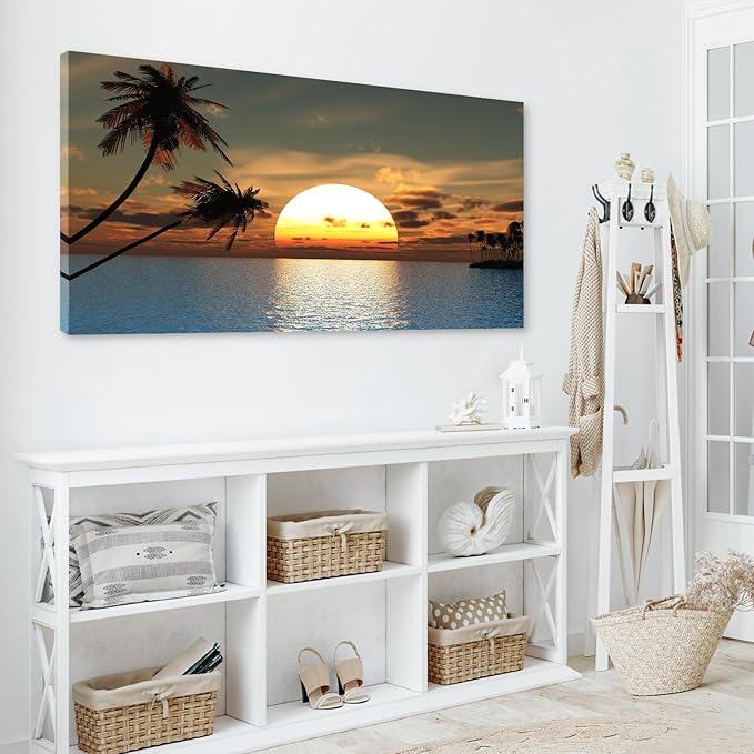 DZL Art S75698 Sunset Coconut Palm Trees Canvas Wall Art Palm Trees on the small island Tropical Scenery Nature Canvas prints Pictures for Living Room Home Office Wall Decor Artwork