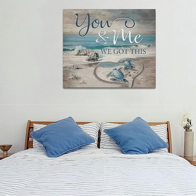 Beach Sea Turtle Bathroom Wall Art Coastal Turtle Love Pictures Wall Decor Ocean Nautical Canvas Seascape Painting Modern Artwork Home Decoration for Living Room Bedroom Office Framed 24"x20"