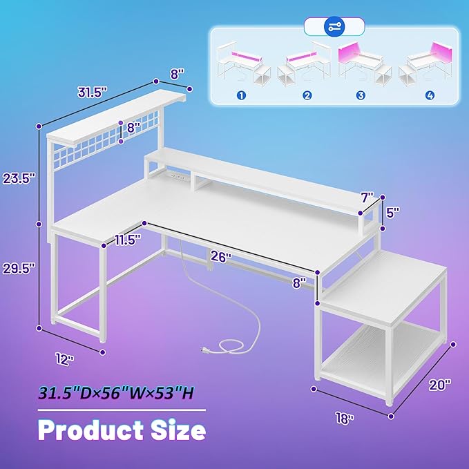 Gaming Desk with Shelves & Hooks, 56" L Shaped Computer Desk with Monitor Stand & Power Outlets & LED Lights and Printer Space for Home Office, Bedroom, White