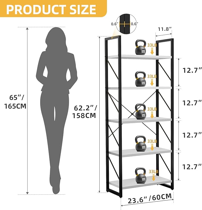 DWVO 5 Tier Bookshelf, White Bookase Storage Organizer, Modern Book Shelf Storage Rack Shelves for Bedroom, Living Room, Home Office, White