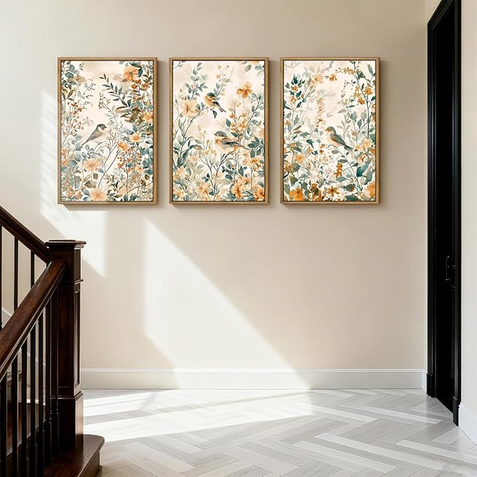 ANHUIB Large Neutral Floral Wall Art 16x24 Inch Beige Botanical Wall Decor Bird Painting Set of 3 for Living Room Bedroom Barhroom