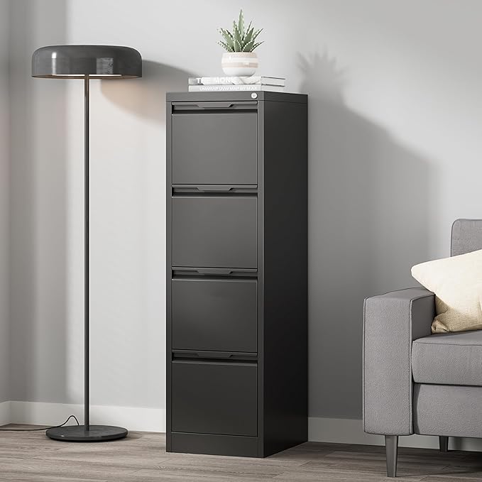 Coolsun Metal File Cabinet with Lock, 4 Drawer Filing Cabinet for Home Office, Locking Vertical Filing Cabinet for A4/F4/Lagel/Letter Assembly Required (Black, 4 Drawer)