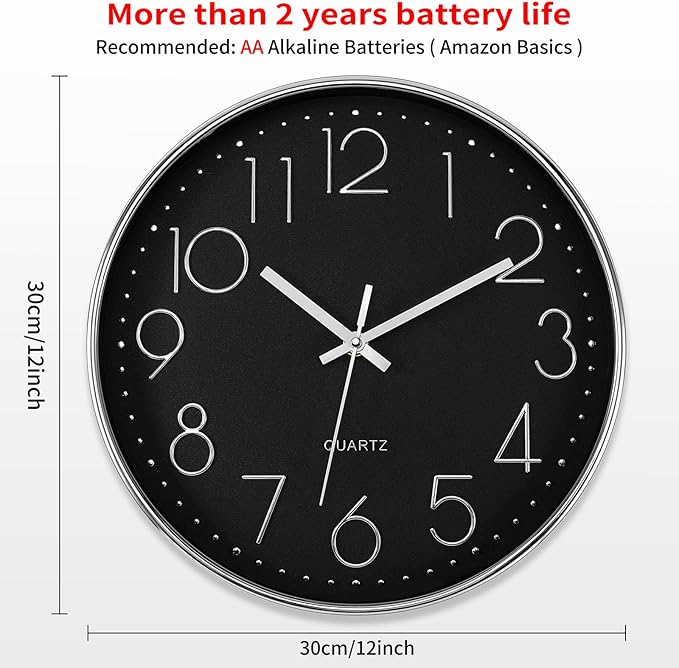 Foxtop Silver Wall Clock Silent Non-Ticking Battery Operated Round Modern Wall Clock for Office School Home Living Room Bedroom Bathroom Kitchen Decor (12 Inch, Black Dial)