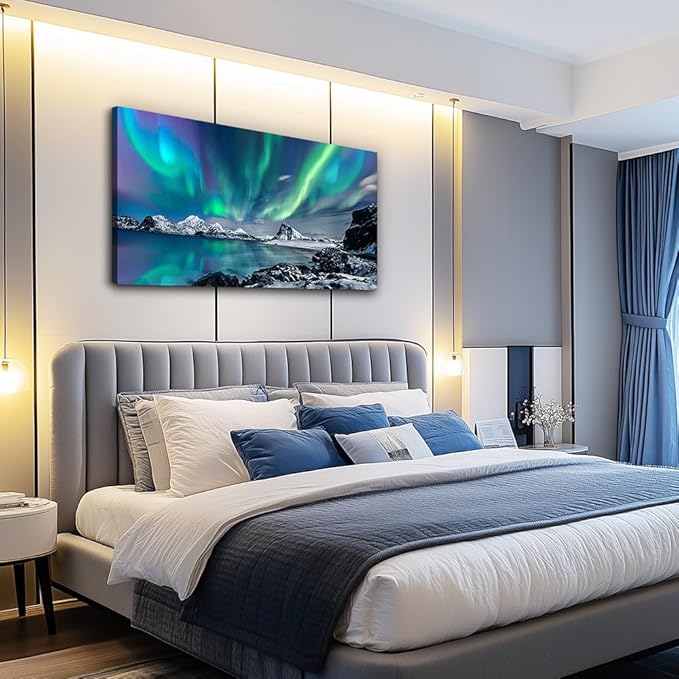 Farmhouse Wall Decor For Living Room Canvas Wall Art For Bedroom Blue Aurora Scenery Paintings Modern Bathroom Canvas Art Print Ready To Hang Office Pictures For Home Room Wall Decorations Artwork