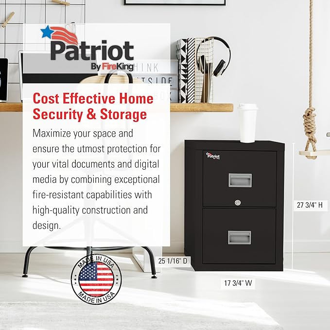FireKing Patriot Vertical 2 Drawer Legal and Letter Fire Safe File Cabinet with Key Lock, 1 Hour Fire Rated, UL Rated & Water Resistant Home Safe, Made in The USA, Black