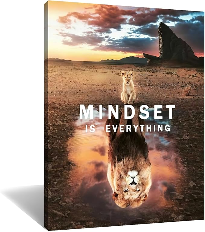 Motivational Canvas Wall Art Inspirational Poster Prints Mindset is Everything Small Cat Big Lions Picture Cute Animal Painting Framed Artwork for Home Office Decor Ready to Hang [30''W x 40''H]