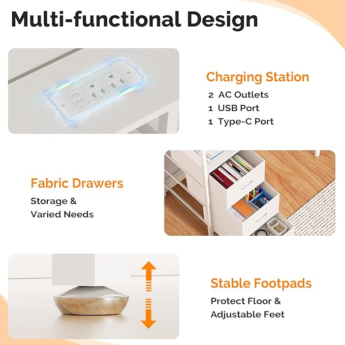VINGLI 47 Inch L-Shaped Computer Desk, Small Computer Gaming Desk with Fabric Drawers & Storage Shelves, Charging Station, Monitor Stand for Home, Office, White