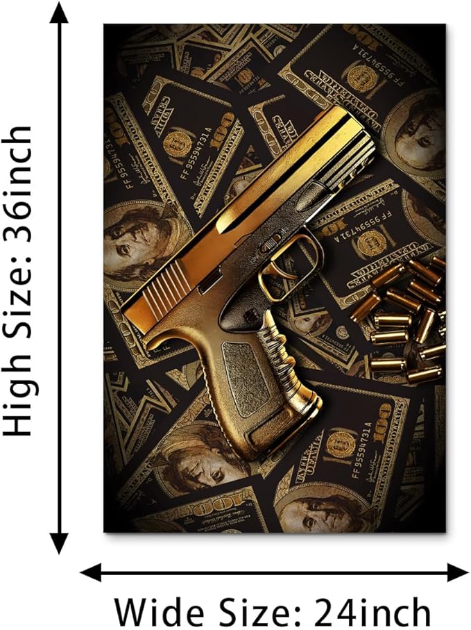 Inspirational Wall Art Handgun Money Killer Canvas Wall Decor Dollar Gun Lover Gift Motivational Poster Print for Office Home Wall Decor 24x36in