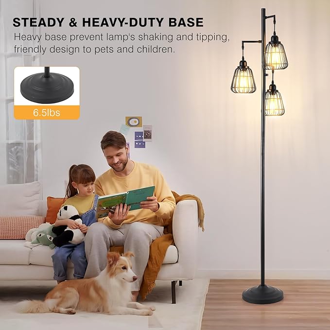 Black Dimmable 70'' Floor Lamp for Living Room Farmhouse 3-Light Tall Lamp with Bird Caged Lampshade Bedroom Floor Tree Standing Lamp (3xLED Bulb Included) - 315603BK