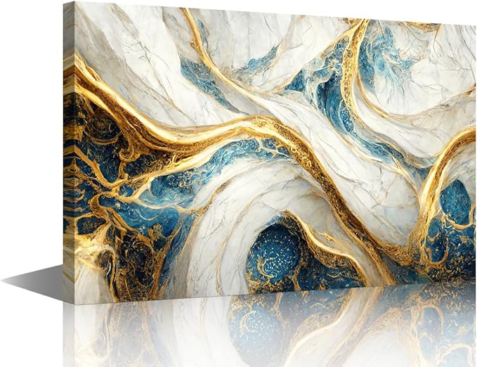 Canvas Wall Art Decor Abstract Artwork Printing 1 Panel Modern Marble Art Poster Blue Gold and White Colors Picture for Home Decor Store Wall Decoration Stretched and Framed Ready to Hang 18x12 in