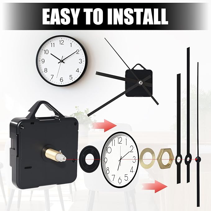 Silent Quartz Clock Mechanism Kit, High Torque Long Shaft Replacement Clock Movement for DIY Wall Clocks, Includes Clocks Hands and Quartz Movement Parts for Home and Office, Black