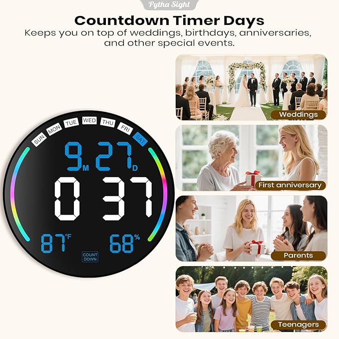 Large Digital Wall Clock with 10.3" LED Display,Alarm,Countdown Timer,DST,Temperature,Humidity,Auto-Dimming,Remote Control,Night Light for Classroom,Bedroom,Living Room,Office,Gym