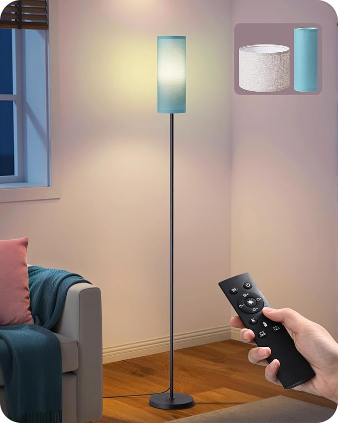 EDISHINE Modern Floor Lamps for Living Room, 63.7" Colorful Floor Lamp with Two Shades, Remote Control Foot Switch, 2700-6000K Dimmable Minimalist Standing Lamp for Bedroom, 9W Bulb Included, Blue