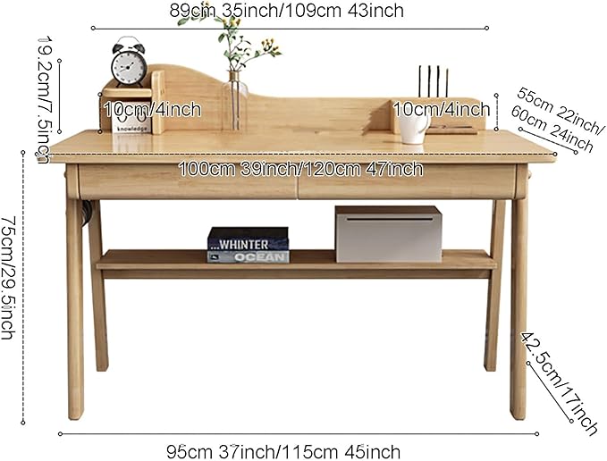 SAZDFY Solid Wood Writing Desk with Drawer and Shelves,Home Office Desk Workstation with Hooks, Modern Work Writing Desk PC Study Table for Small Spaces(120x60x75cm(47x24x30inch), Wood)