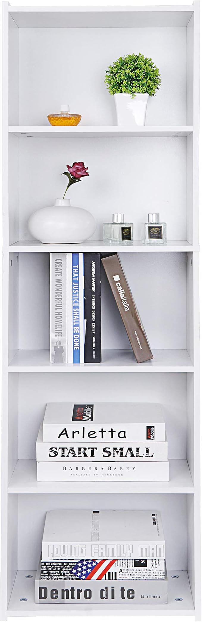 Display Storage Bookcase 5-Tier, Industrial Freestanding Bookshelf for Modern Home Office, Living Room, 52 Inch Open Shelf Rack for Books, Records, Photo Frames and Plants (White)